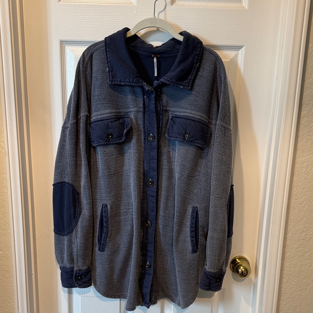 Free People oversized Inside-Out Blue and Gray Button-Up Jacket L